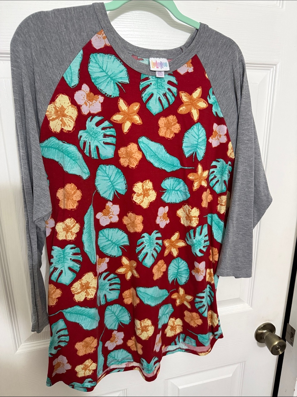 LuLaRoe Burgundy Floral Raglan Top with Gray Sleeves